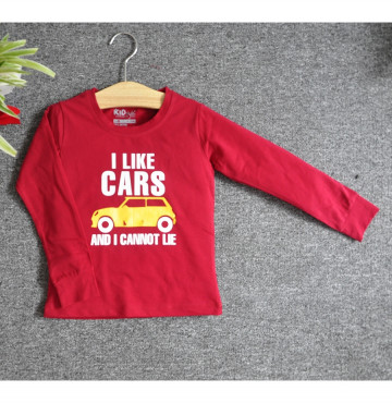 Bán sỉ áo thun trẻ em cổ tròn tay dài in chữ I Like Car (Đỏ đậm)