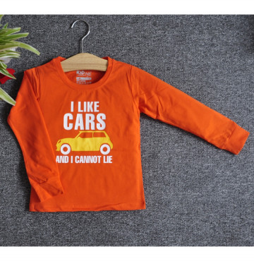 Bán buôn áo thun trẻ em cổ tròn tay dài in chữ I Like Car (Cam cà rốt)
