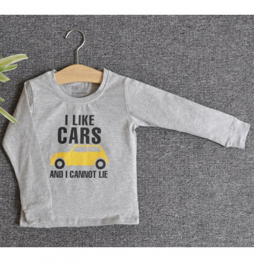 Bán sỉ áo thun trẻ em cổ tròn tay dài in chữ I Like Car (Xám)