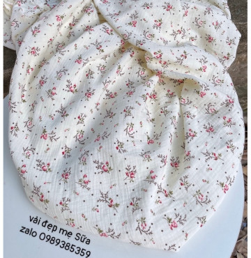 Thanh lý vải xô muslin 100% cotton hoạ tiết cành hoa hồng